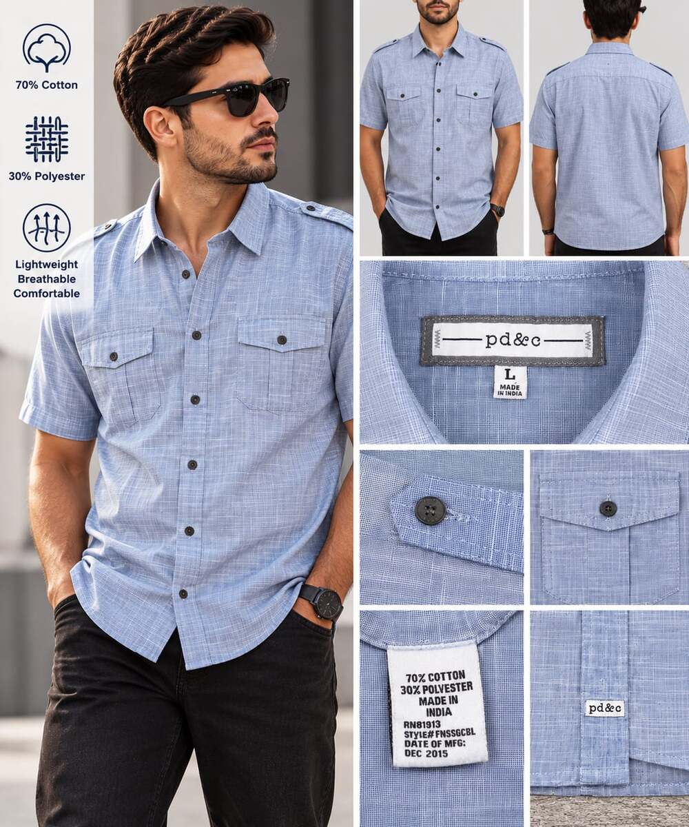pd&c Button Up Shirt Size L Blue Short Sleeve Casual Pocket Epaulets